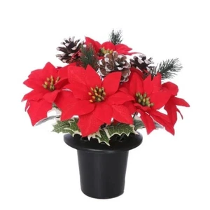 Grabdenkmal Weihnachten Blumentopf - Weihnachtsstern Schnee Kegel künstliches Gesteck - Bild 1 von 4