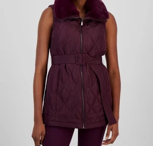 Anne Klein Womens Purple Faux-Fur Collar Belted Quilted Vest Jacket Size S - Picture 1 of 4