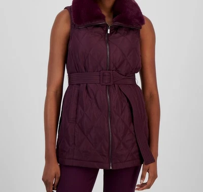 Anne Klein Womens Purple Faux-Fur Collar Belted Quilted Vest Jacket Size S - Image 1 of 4