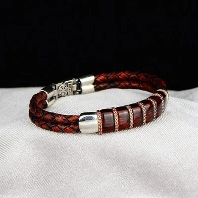 925 Sterling Silver Real Ruby Zircon Gemstone Leather Bracelet - Image 1 of 4