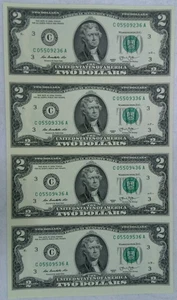 2013 $2 UNCUT SHEET OF 4 TWO DOLLAR NOTES C05509236A C05509536A - Picture 1 of 3
