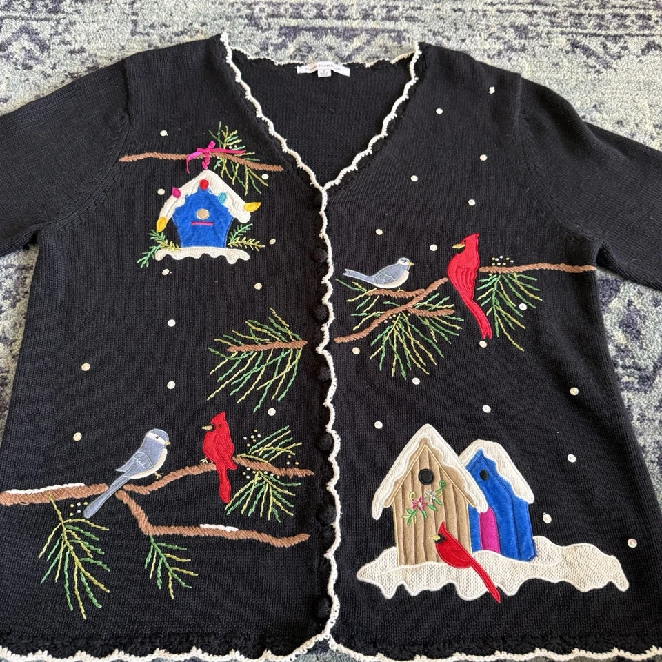 Cárdigan tejido vintage Grandmacore Navidad novedad con pajareras talla mediana Foto 1 de 4