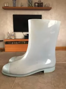 Chanel 19C CC Logo Mid Calf Blue Rubber Rain Boots SZ 40 9-9.5 Box FREE US S/H - Picture 1 of 10