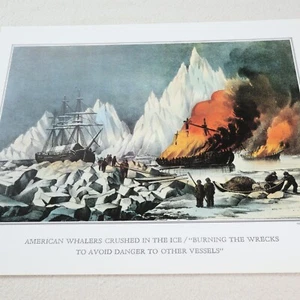 Currier & Ives Vtg Print American Whalers Crushed In Ice Burning Wrecks History - Picture 1 of 7