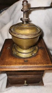 Antique BKF COFFEE GRINDER MOCCA DOVETAIL Wood-BRASS Dovetailed w/Drawer - Picture 1 of 13