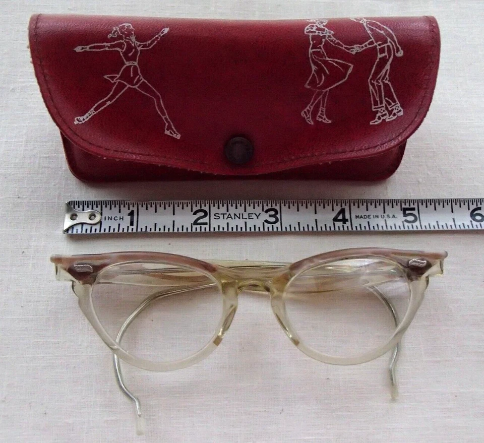 Gafas de ojo de gato vintage con estuche de cuero rojo - tamaño infantil Foto 1 de 4