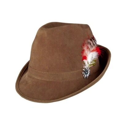 Bavarian Oktoberfest Hat Brown With Feather Deluxe Fancy Dress Costume Accessory - Image 1 of 4