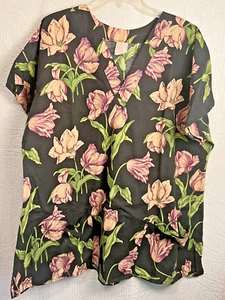 Tall Longer Length Scrub Top Cotton Black Tulips Print Nurse Hygienist 3x - Picture 1 of 3