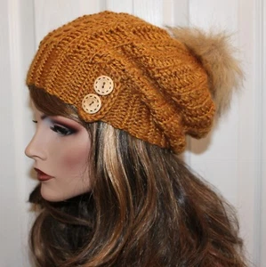 Beautiful Women's Rustic Gold Slouchy Hat w/Button Accent Detachable Pom Pom - Picture 1 of 6