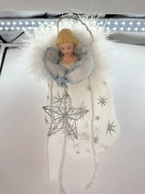Shabby Chic Victoriano Navidad Blanco Ángel Adorno Mangas Azules Plumas Estrella Foto 1 de 4