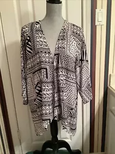 Cardigan Chico’s 2 grande poliestere manica 3/4 azteco aperto davanti nero panna trasparente - Foto 1 di 7