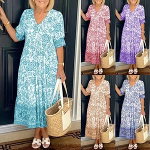 ✨Women V-Neck Floral Boho Long Dress Ladies Summer Plus Size Beach Party Dresses - Picture 1 of 20