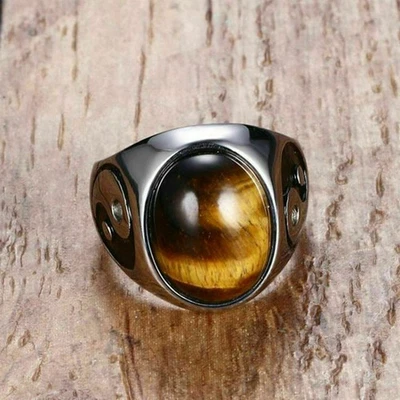 Anillo Yin Yang Piedra Ovalado Ojo de Tigre De Colección Para Hombres Feng Shui TaiChi Chismes Banda de Suerte Foto 1 de 4