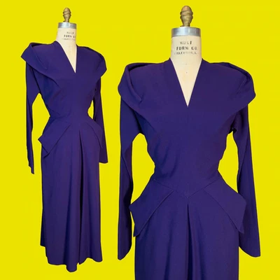 Vestido Hombros Acolchados Vintage Años 40 Púrpura Pequeño Med Foto 1 de 4