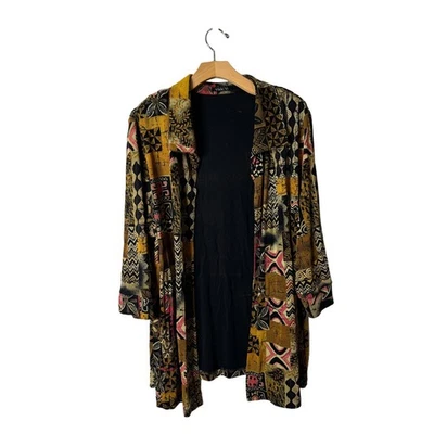 Vikki Vi Plus 2X Brown Multi Patchwork Open-front Collared Jacket 3/4 Sleeve - Image 1 of 4