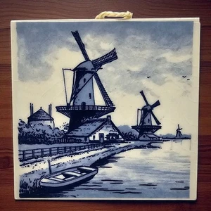 Vintage Delfter blau handbemalt Holland Keramik 3" Fliese Windmühle Boot Küste - Bild 1 von 5
