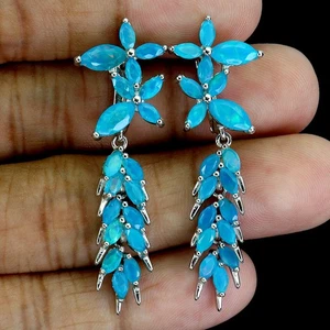 925 Sterling Silver Earrings Marquise Blue Opal Natural Gemstone Jewelry - Picture 1 of 13