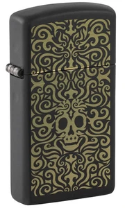 GENUINE Zippo Windproof Lighter SLIM SKULL MOTIF Laser Black Matte NEW FAST POST - Foto 1 di 8