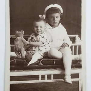 Vintage Studio RPPC Portrait Of Children And Teddy Bear Siblings Family - Picture 1 of 9