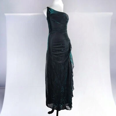 Vintage 90s One Shoulder Formal Dress Size 8 Metallic Emerald Side Drape Ruched - Image 1 of 4