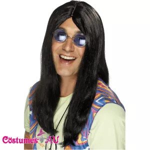 Mens Black Neil Hippy Wig 60s Groovy Hippie Retro 1960s 70s Costume Accessory - Picture 1 of 2