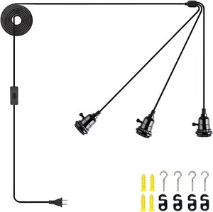 3Light Plug Pendant Kit Hanging Cord 21FT Lamp DIY Vintage Black Socket Island - Picture 1 of 7