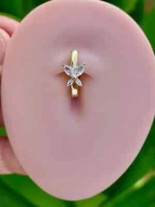 14k Solid Gold Belly Button Ring Navel Ring Marquees Butterfly Genuine Diamonds - Picture 1 of 4