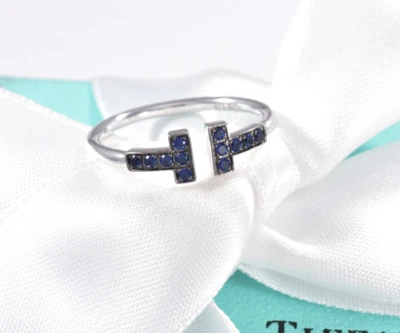 Anillo Tiffany & Co Zafiro Azul Oro Blanco 18K T Alambre Cuadrado Talla 8 en Caja Bolsa Foto 1 de 4