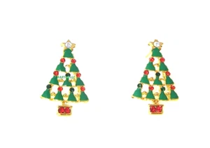GREEN CHRISTMAS TREE EARRINGS, MULTI-COLOR RHINESTONES ORNAMENTS-SIZE: MEDIUM - Picture 1 of 8