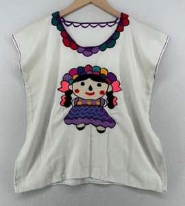 Blouse Womens M Lele Doll Hand Made Mexican Top Boxy Embroidered White - Picture 1 of 12