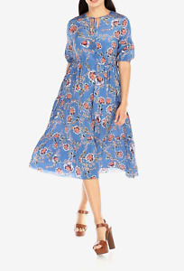 Johnny Was Sz S Jade Wallace 100% Silk Midi Dress Tiered Blue Floral Print $398