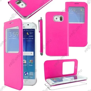 Housse Etui S View PU Cuir Rose pour Samsung Galaxy S6 G920F +Stylet +Film - Photo 1 sur 1