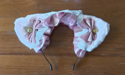 Diadema gótica Lolita encaje oreja de gato cosplay con campanas y lazo rosa y blanco *VENDEDOR DE EE. UU.* Foto 1 de 2