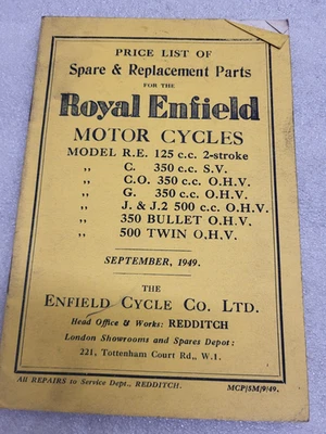 Royal Enfield spare & replacement parts price list Sept 1949 C/CO G J J2 350 500 - Image 1 of 4