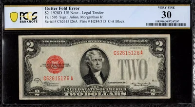 $2 1928-D Legal Tender Gutter Fold on Back RARE RED SEAL DEUCE PCGS VF 30 - Image 1 of 2