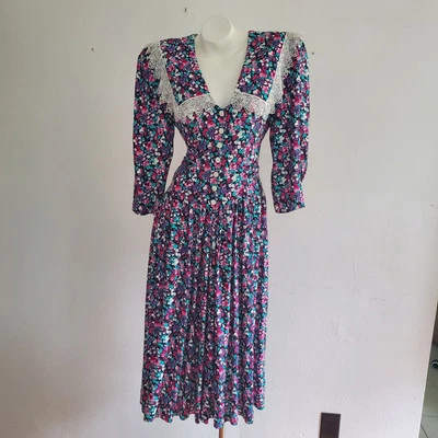 Jonathan Martin Vintage 80s Midi Dress Multicolor Floral Leaf Cottage Prairie - Image 1 of 4