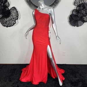 NWT~$575~CLARISSE~SZ 4~RED RHINESTONE ONE SHOULDER SLIT PROM EVENING GOWN DRESS - Picture 1 of 24