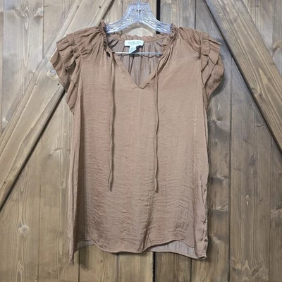Rachel Zoe Ruffle Sleeve Blouse Top XS Brown V-Neck Boho Romantic 100% Polyester Foto 1 de 4