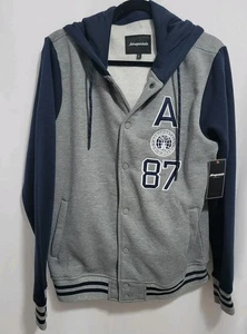 Aeropostale Men's Heather Gray and Blue Credt Bomber Jacket With Hood Size L New - Picture 1 of 3