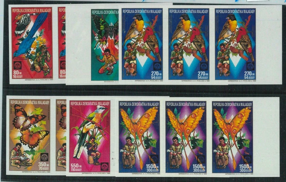 95759 - MADAGASCAR - Michel # 1133/38  IMPERF:  Boys Scouts BUTTERFLIES birds - Image 1 of 1