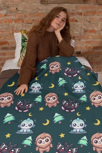 Cute Cryptids Plush Velveteen Blanket | Mothman Bigfoot Lagoon Creature Throw - Picture 1 of 11