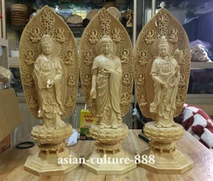 China Boxwood Ksitigarbha Boddhisattva Shakyamuni Amitabha Buddha Guan Yin Set R - Picture 1 of 12