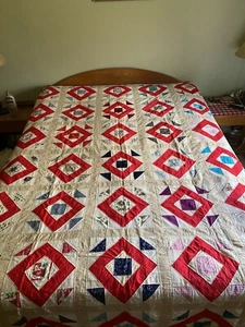 "Antik Anfang der 1930er Jahre Nachlass Quilt Spread Patchwork Diamant Off Weiß 92""x64"" - Bild 1 von 12