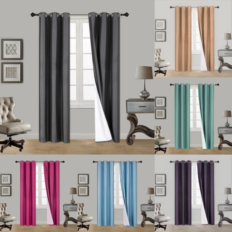 2 PANELS SILK BLACKOUT THERMAL GROMMET FOAM LINED WINDOW CURTAIN DRAPE NOA - Image 1 of 2