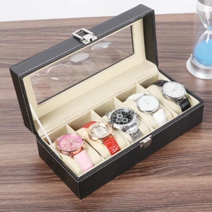 1 Watch Storage 5 Slot Box Glass Skylight Lock Buckle Leather PU Black Watch Box - Picture 1 of 7