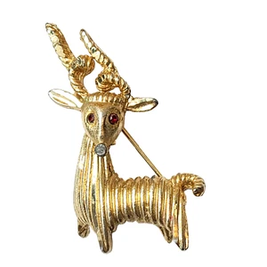 BSK Aries Ram Brooch Signed Goat Figural Pin Rhinestone Eyes Animal Vintage - Picture 1 of 8