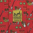 HERMES PARIS FRANCE 7720 OA GARDENING PASTEL RED DAVY GRAY SILK NECKTIE