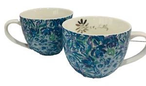 Lilly Pulitzer Coffee Mugs Cups Set of 2 Hidden Lion Face Blue Purple 12 OZ - Picture 1 of 7
