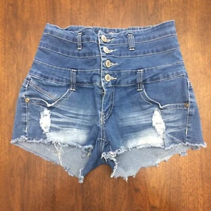 Rue 21 Highwaisted Mid Rise Medium Wash Distressed Jean Shorts Women's Size 3/4 - Picture 1 of 11