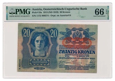 AUSTRIA banknote 20 Kronen 1919 PMG MS 66 EPQ Gem Uncirculated - Image 1 of 4